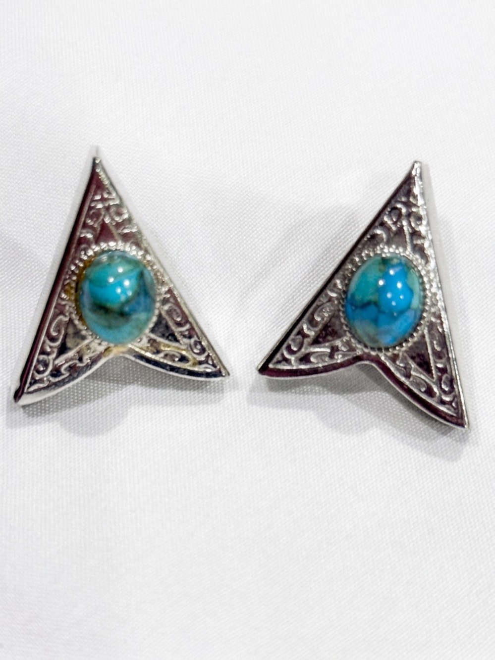 Vintage Western Filigree Silver Tone & Faux Turquoise Collar Tips - Made in USA